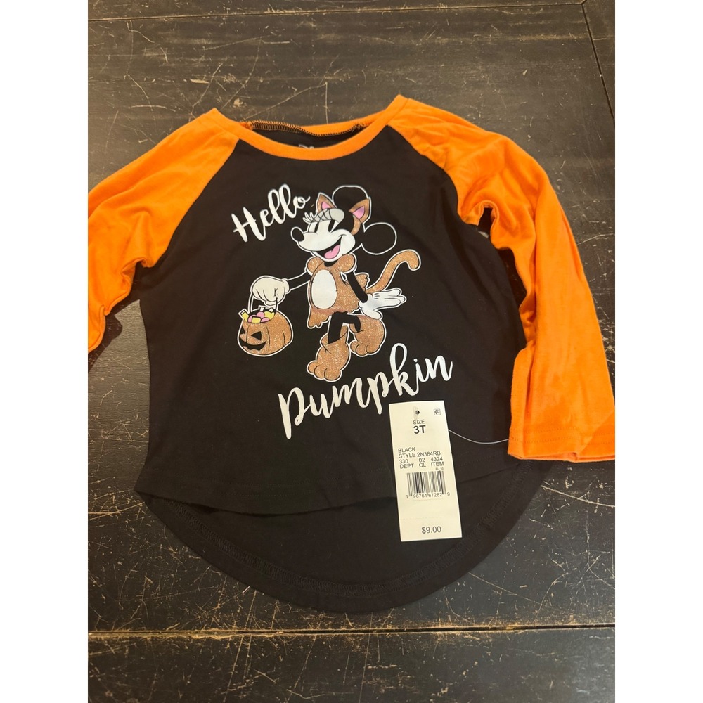 Disney Minnie Mouse Hello Pumpkin Halloween Shirt Toddler Girls 3T Orange Black